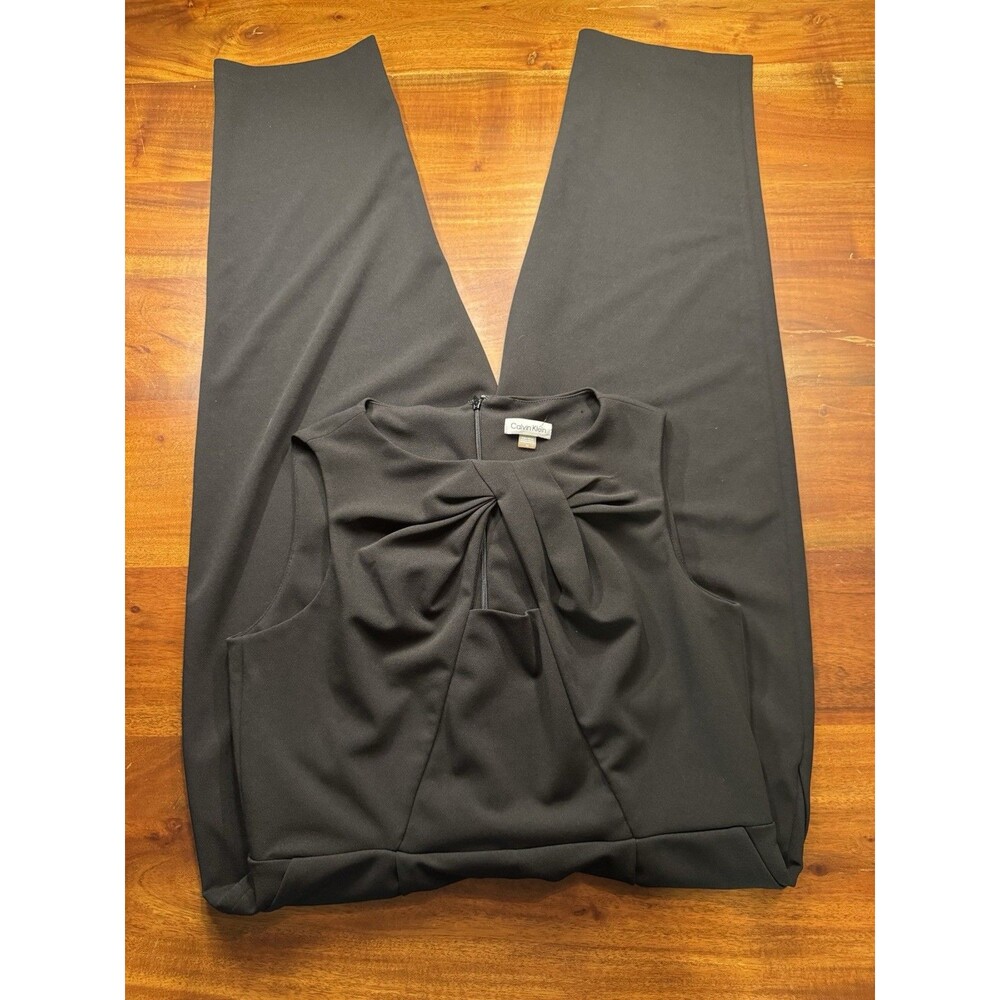 Calvin Klein Twist Neck Jumpsuit Womens Sz 14 Black Sleeveless Cropped Wide Leg